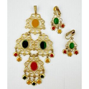 Vintage Celebrity NY Pendant Earrings Set Filigree Glass Cabochon Gold Tone
